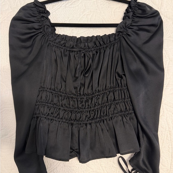 Topshop Black Smocked Peasant Blouse with Tie Cuffs - Picture 2 of 5